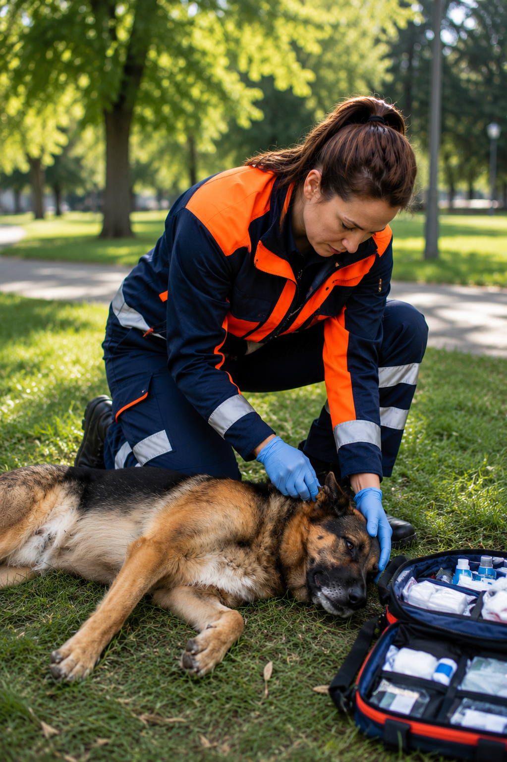 Veterinární záchranná služba při ošetření psa v&nbsp;sanitním voze